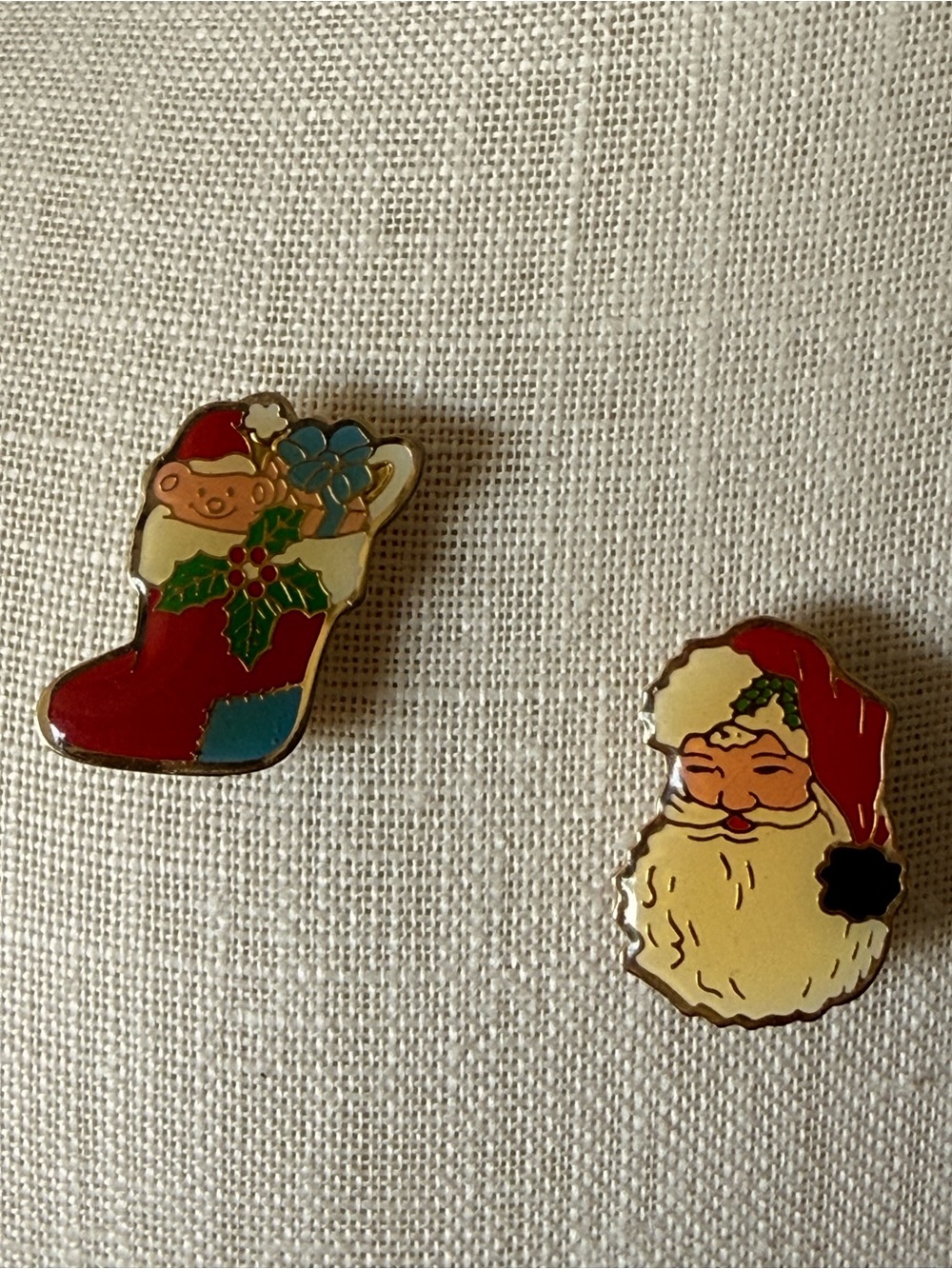 Vintage Christmas Enamel Pin Set - Red Santa & Stocking